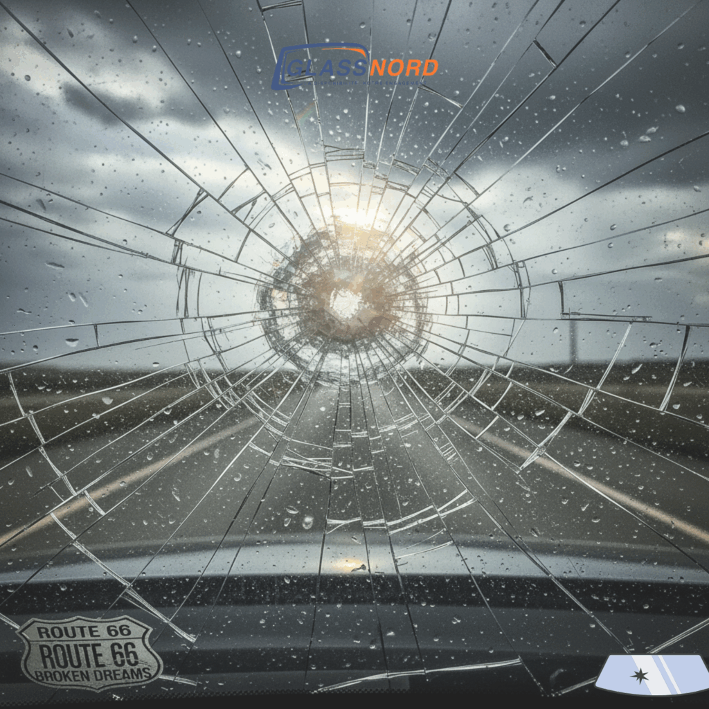 Gros plan sur un pare-brise de voiture avec une grande fissure partant d'un point d'impact, illustrant le danger de rouler avec un vitrage endommagé.