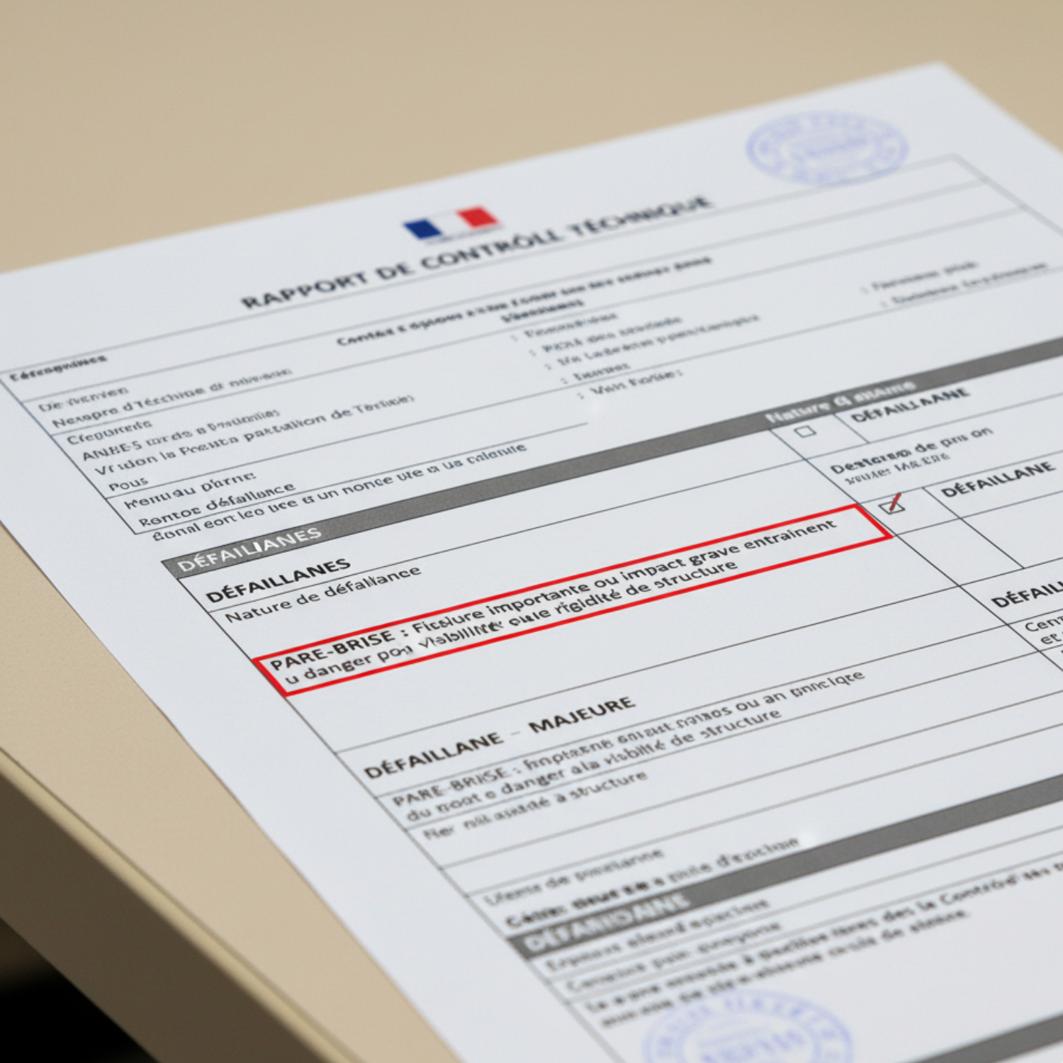 Extrait d'un procès-verbal de contrôle technique français avec la ligne 'Pare-brise : Fissure ou impact' cochée comme 'Défaillance Majeure', nécessitant une contre-visite.